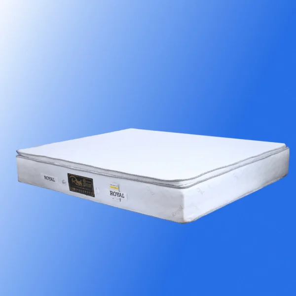 این تصویر یه عکس از زاویه دور با نمای بغل و بالا تشک رویال دو نفره مدل ریلکس صادراتی طبی پددار قطر ۳۳ سانتیمتر سایز ۱۶۰×۲ است
